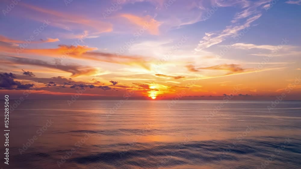 Panoramic seascape view of golden sunset over the ocean with colorful clouds reflecting in tranquil rippling water with warm tones and dramatic sky. Panoramic seascape view of golden sunset over the ocean with colorful clouds reflecting in tranquil rippling water with warm tones and dramatic sky.