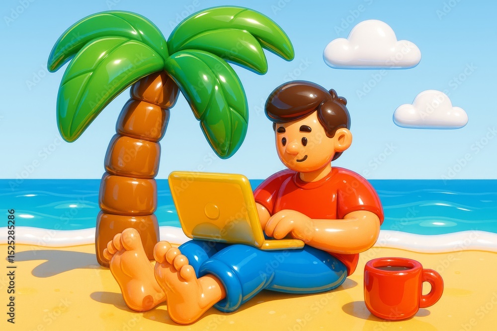 Fototapeta premium A cheerful illustration of a remote worker typing on a laptop while relaxing under a palm tree on a tropical beach. The scene is playful and bright, ideal for themes around freelancing, digital nomad 