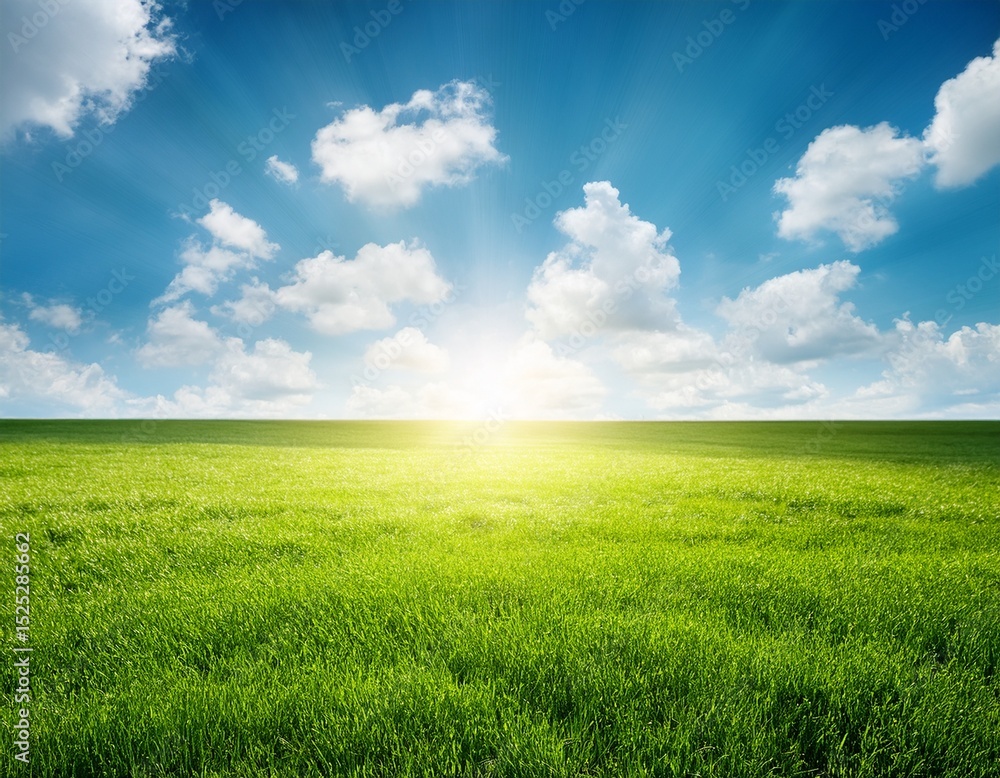 Fototapeta premium green grass field with sun shining and white clouds in blue sky