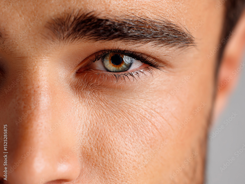 Fototapeta premium Closeup of a man's face with a sharp focus on his hazel green eye, textured skin, defined eyebrow and natural lighting emphasizing facial details