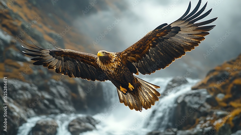 Golden eagle in flight over waterfall mountainscape Golden eagle in flight over waterfall mountainscape