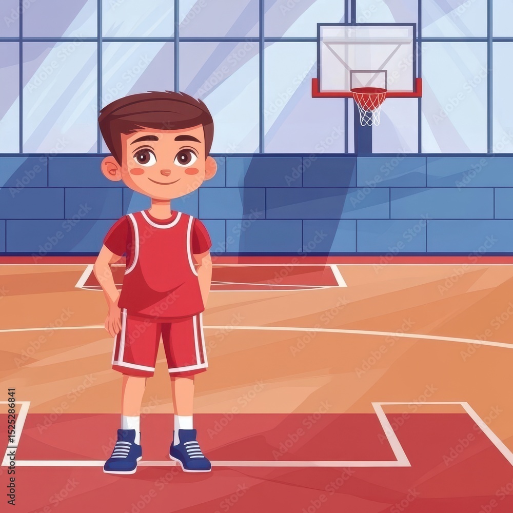 Obraz premium Young boy in a red basketball uniform stands in a gymnasium.