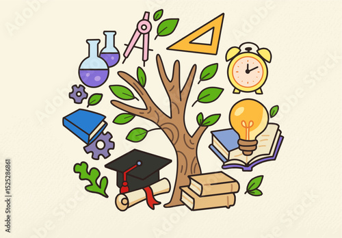 Cartoon Education Tree Illustration – Knowledge Growth Concept with Science and School Icons