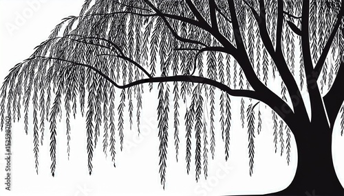 black and white silhouette of a weeping willow tree