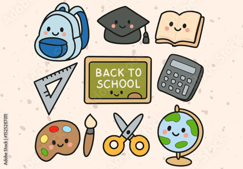 Cute Back to School Icon Set – Cartoon Education Tools in Kawaii Style