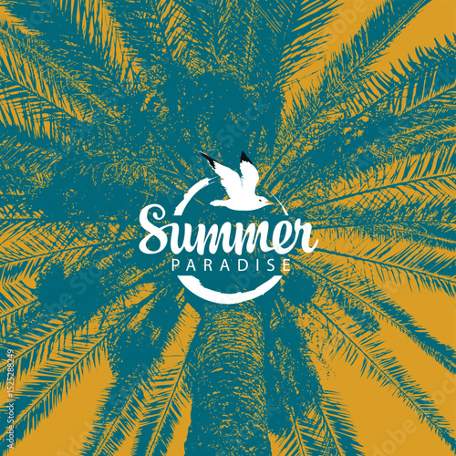 ravel banner with palm tree and words Summer Paradise on old paper background. Suitable for poster, flyer, invitation or vintage postcard, t-shirt design, music cover. No AI used