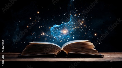 An open book projecting a hologram of constellations