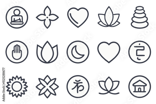 Line art icons representing spirituality meditation mindfulness and wellness concepts