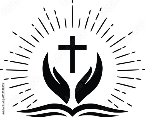Christian cross logo with hands, bible, and rays religious church ministry emblem in black and white vector design for faith based organizations