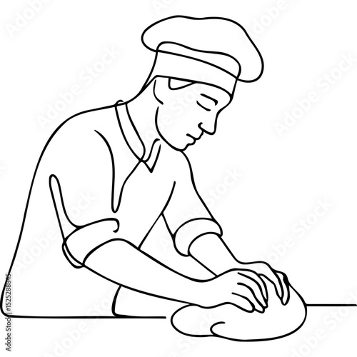 Baker kneading dough while wearing a chef hat in a simple outline  
