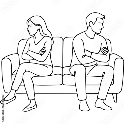 Couple sitting apart on sofa with arms crossed in home setting  