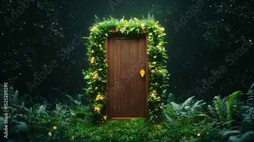 A magical door appearing in the forest