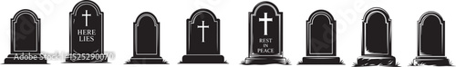 Collection of various black tombstones with crosses and inscriptions