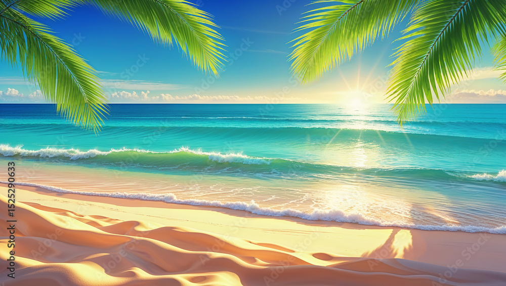 Fototapeta premium Golden sand beach at sunrise with palm trees framing the turquoise ocean