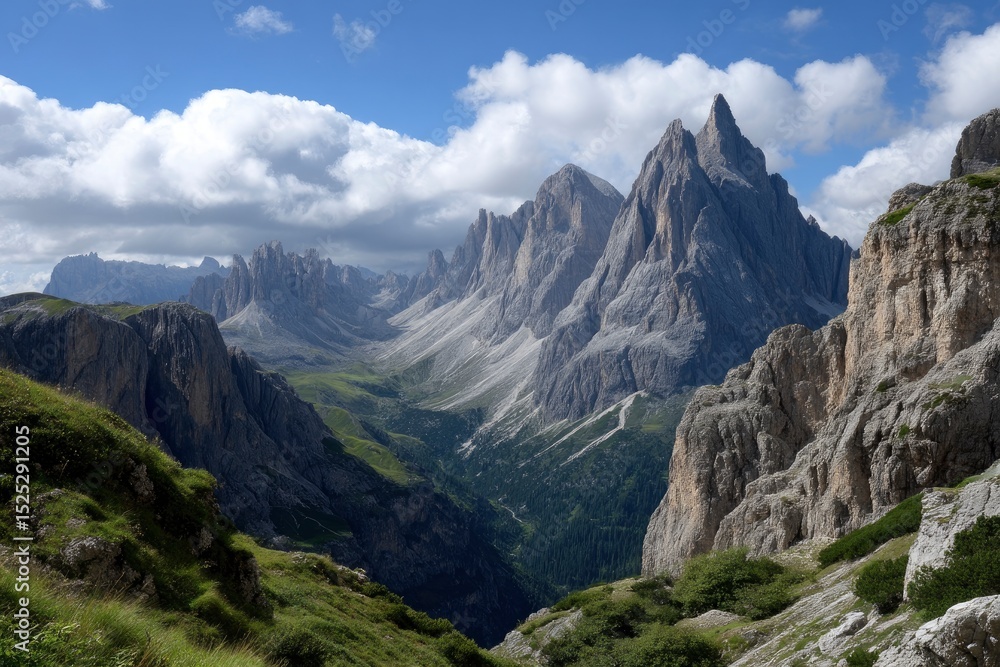 Naklejka premium Mountain valley view with sharp peaks grassy slopes and cloudy skies on a sunny day