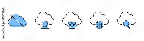 Cloud Utility Icons Set, Cloud Unavailable, Share, Personal, Search, Internet, Blue Accent Line Icons