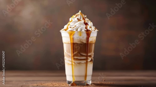 Iced caramel macchiato with whipped cream and caramel drizzle, served in a tall glass