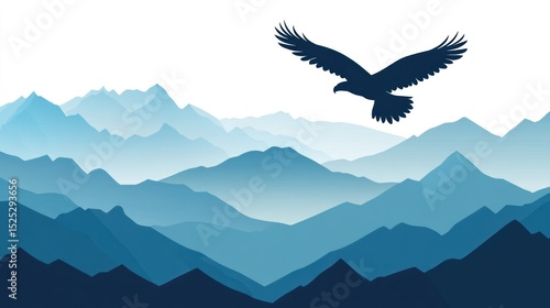 A majestic eagle soars over a vast, layered mountain range, rendered in shades of blue, against a stark white background. The image evokes a sense of freedom and vastness