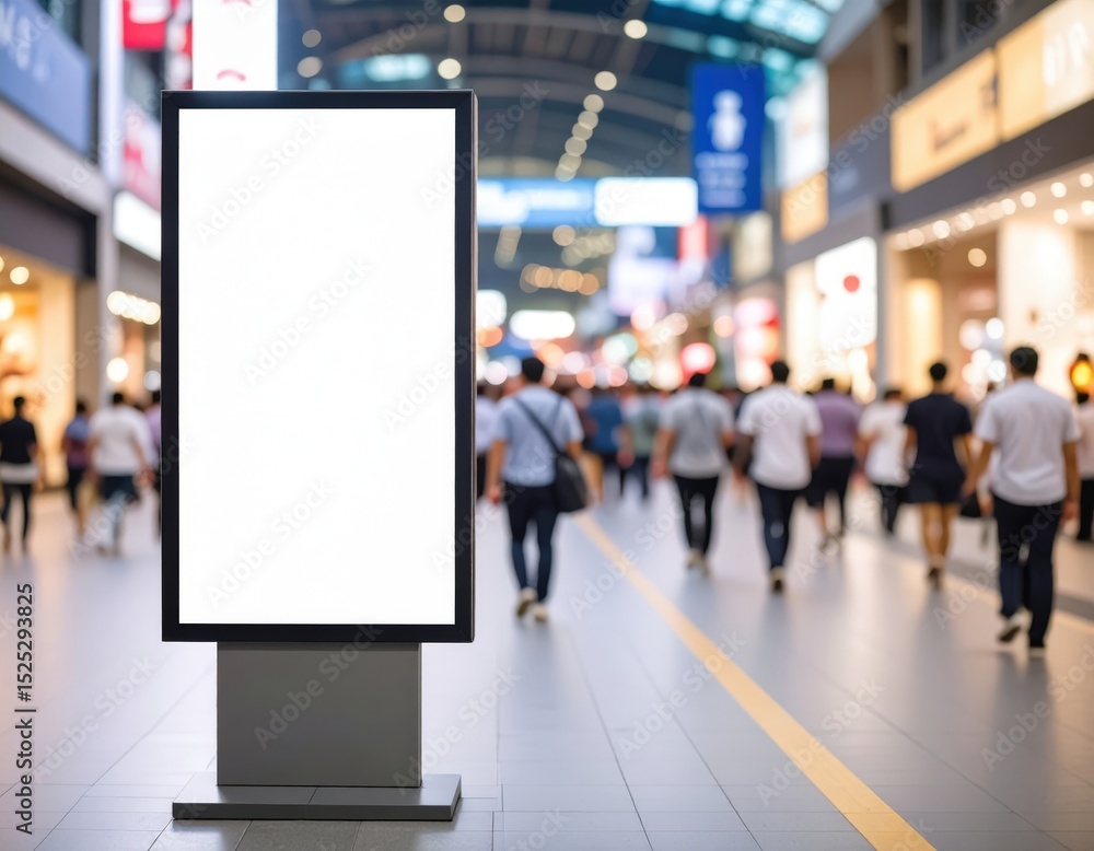 Blank advertising billboard stands in a busy shopping mall with blurred people walking by Blank advertising billboard stands in a busy shopping mall with blurred people walking by