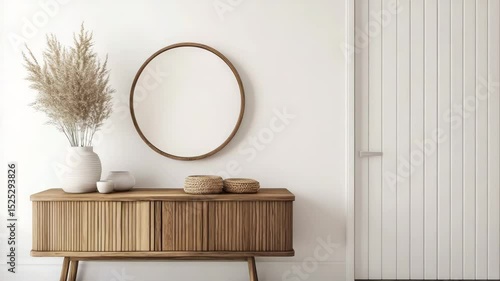 Bright modern entrance hall featuring wooden console table and stylish door