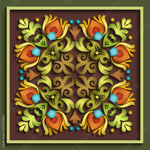 Colorful vector paper cut style floral mandala with layered 3D effect. Perfect for decorative projects, invitations, cards, prints, and ethnic or folk-inspired designs.