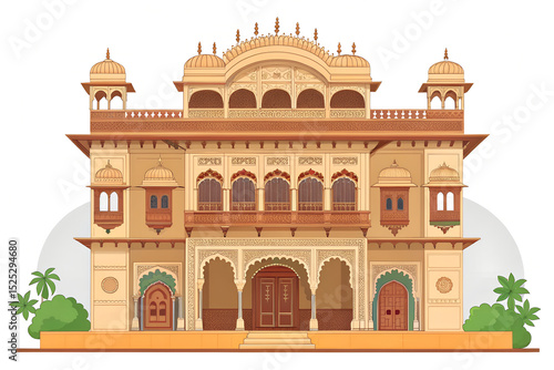 Rajasthani haveli front elevation in clean vector style