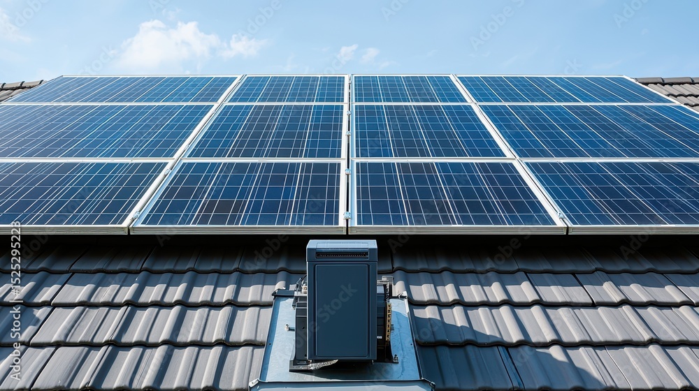Obraz premium Panel junction box mounted on modern house roof below solar panels array with low-angle perspective showing weatherproof electrical housing