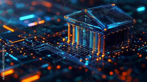 Digital bank building structure with glowing blue and orange lights on circuit board surface