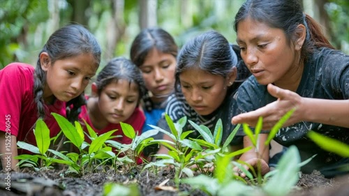 Woman and children tending young plants in a lush forest