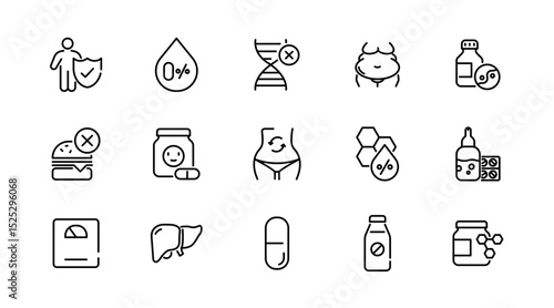 Supplements linear icon set. Fitness, gym, dietary, nutrition, healthy food, detox diet, lifestyle, vitamins, amino acids, natural, herbal, dry, energy outline vector icon set. UI thin line icon pack.