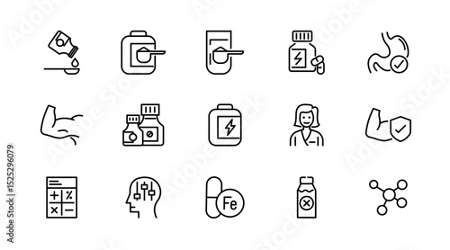 Supplements linear icon set. Fitness, gym, dietary, nutrition, healthy food, detox diet, lifestyle, vitamins, amino acids, natural, herbal, dry, energy outline vector icon set. UI thin line icon pack.