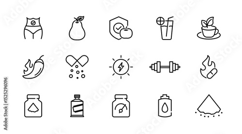 Supplements linear icon set. Fitness, gym, dietary, nutrition, healthy food, detox diet, lifestyle, vitamins, amino acids, natural, herbal, dry, energy outline vector icon set. UI thin line icon pack.