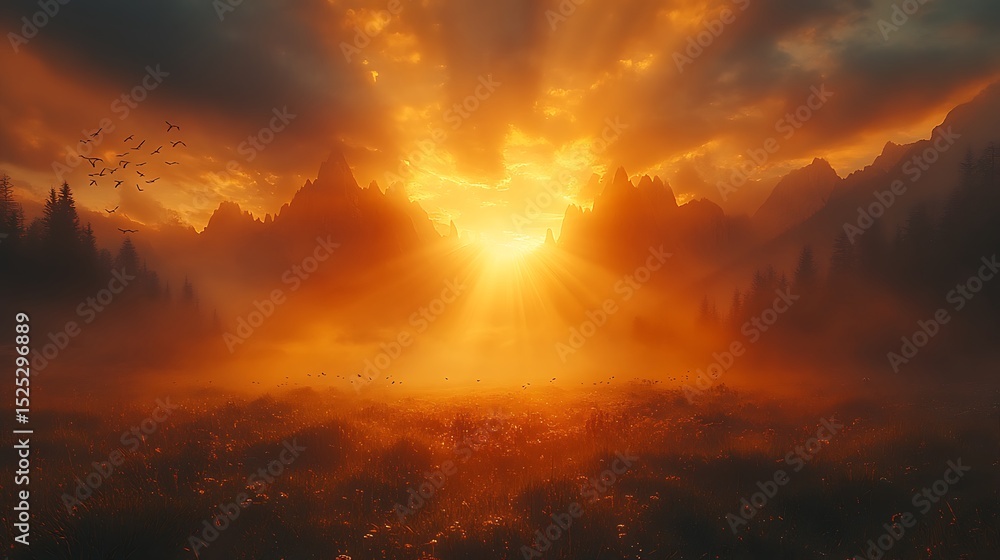 Naklejka premium Golden sunrise over misty landscape