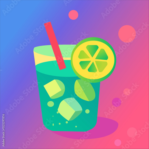 Refreshing lime cocktail glass with ice cubes and pink straw.