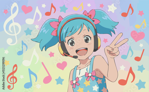 Cartoon anime girl wearing headphones on a pink insulated background with musical notes. Vector graphics. EPS.