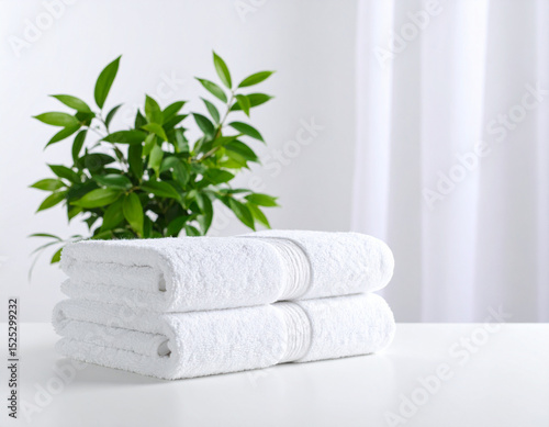 White Towel and Green Houseplant on White Table with Copy Space for Spa or Home Decor Concept