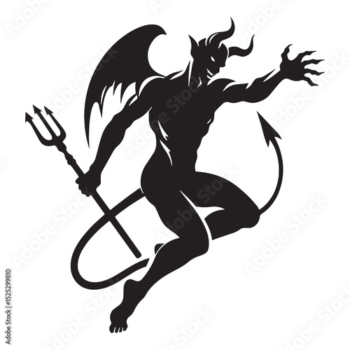 Menacing Winged Devil vector - devil silhouette - devil vector - silhouette of devil - sinister winged symbol - fearsome fiend design - infernal being art
