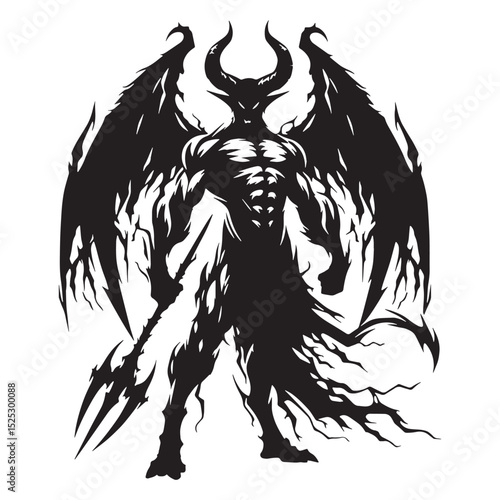Winged Devil figure silhouette - devil silhouette - devil vector - silhouette of devil - Devil illustration - harbinger of doom graphic - terrifying entity art
