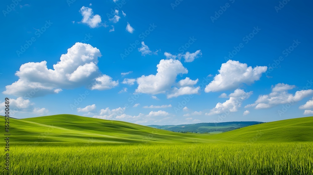 Obraz premium A large, open field with a blue sky and fluffy clouds. The sky is clear and bright, and the grass is lush and green.