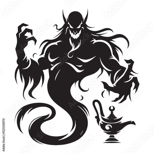 Bold Djinn Genie graphic - djinn silhouette - djinn vector - silhouette of djinn - genie silhouette - genie vector - silhouette of genie - mystical guardian symbol
