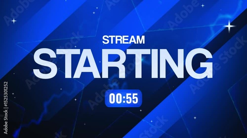 stream starting soon overlay animation with 1 min countdown and looping stars in background for twitch streamers - blue variation