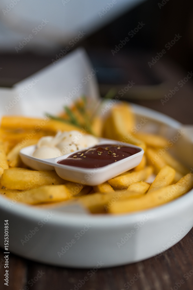 French fries served with ketchup and mayonnaise. Selective focus French fries served with ketchup and mayonnaise. Selective focus