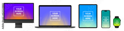 Mockup of black computer monitor, laptop, tablet screen, mobile phone and watch. Social media promotion. Advertising on a smartphone display. Device front view. 3D smart pad. Cell phone.