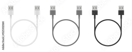 White, gray and black USB cables. USB plugs with wire loops