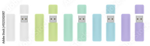 Mockup of usb flash drive. White, green, purple and blue gadgets. Open and closed cap. Storage device	