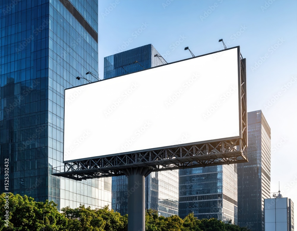 Fototapeta premium Blank Billboard Against Modern Glass Buildings and Clear Blue Sky in Urban Setting