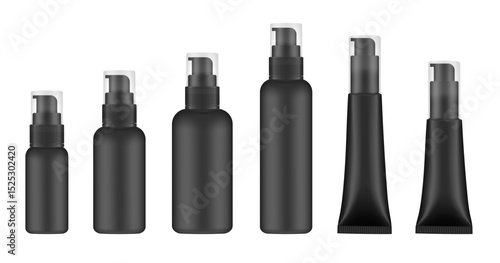 Set of black cosmetic bottles and tubes with pump. Dispenser for soap or lotion. Plastic cosmetic containers. Serum or gel