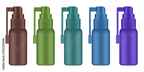 Mockup of a sore throat spray. Brown, green, teal, blue and purple bottles. Oral medicine. Aerosol container