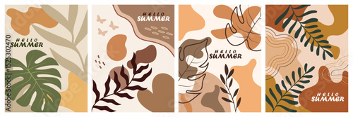 Vibrant and minimalist plant based cards with abstract leaves for creative posters, covers, ads, banners, and brand label designs