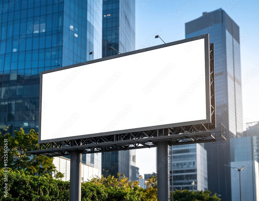 Fototapeta premium Blank billboard against modern glass buildings and green trees in city